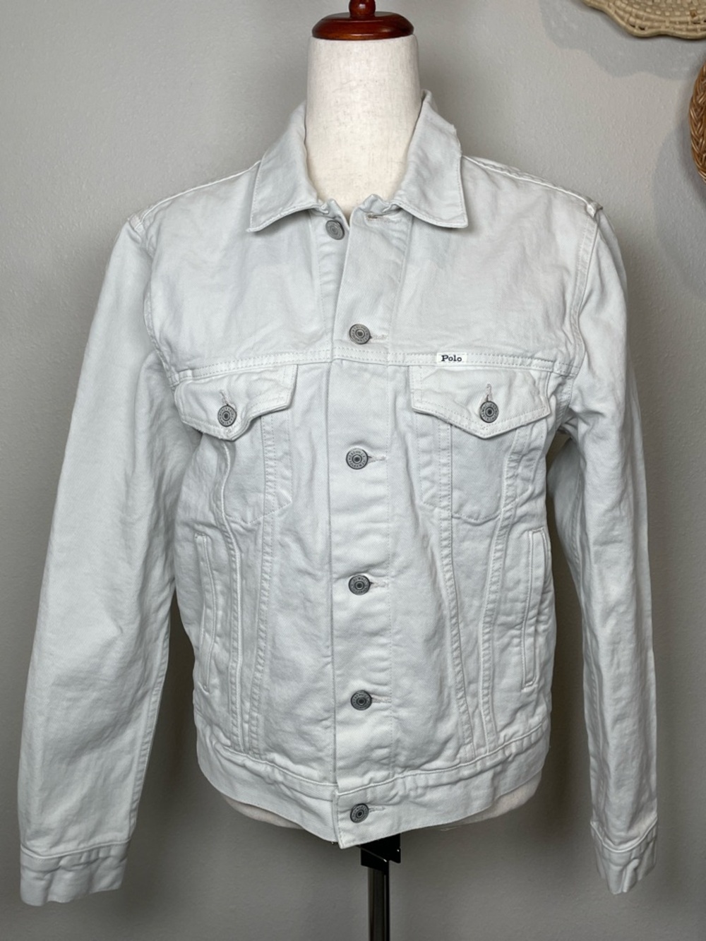 Polo Ralph Lauren White Denim Trucker Jacket Americana Logo Buttons Size Medium